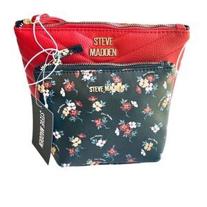 Steve Madden Bag Set Red Cosmetic Makeup Red Wristlet Top Zip Embossed